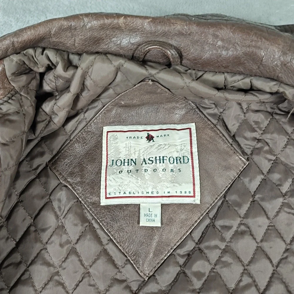 Vintage John Ashford Outdoors Jacket Mens Large Brown Leather Bomber Quilted